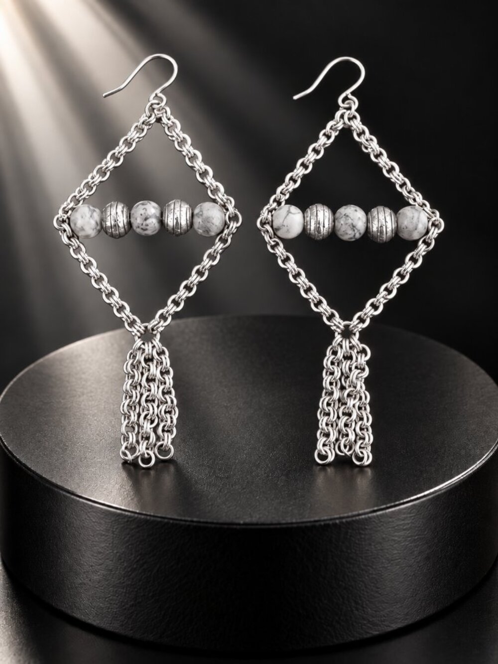 Silver-Tone Chain & Gray Bead Drop Pierced Earrings 🌟NWOT🌟